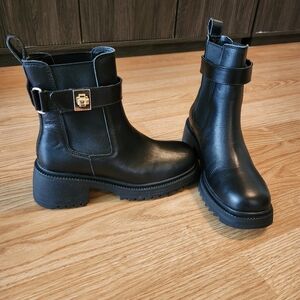 Steve Madden Black Leather Chunky Ankle Boots with Strap & Gold Buckle